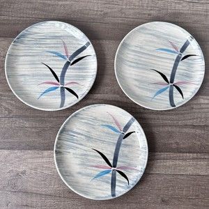 Vintage Salad Plates Stetson Pink Blue Bamboo Mid-Century Duncan Set Of 3